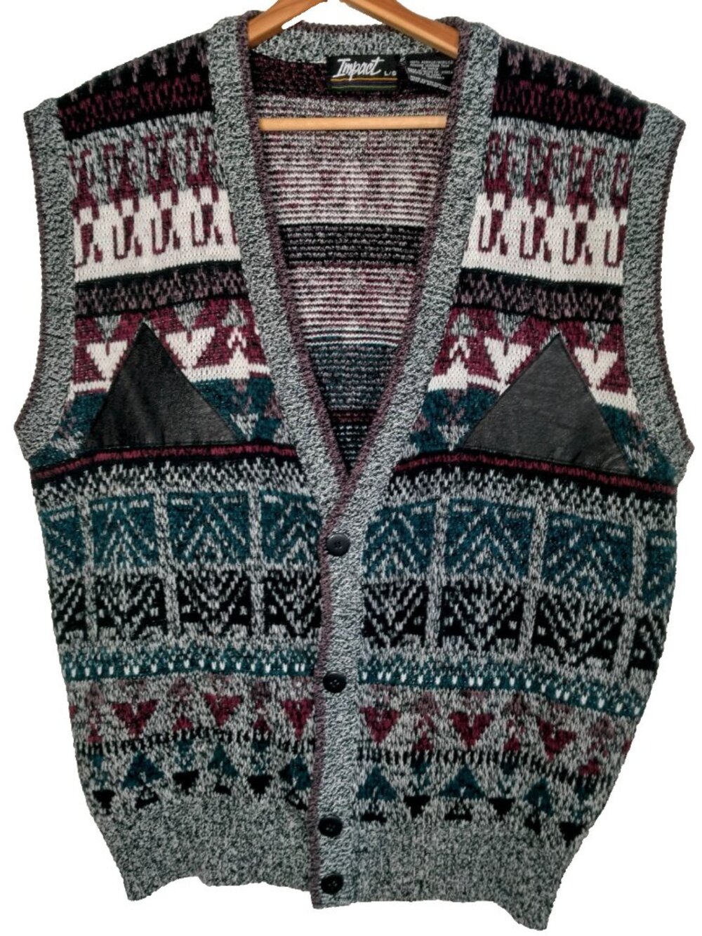 Vintage 1990s Impact Sweater Vest Men Large Gray Purple Geometric Leather Trim